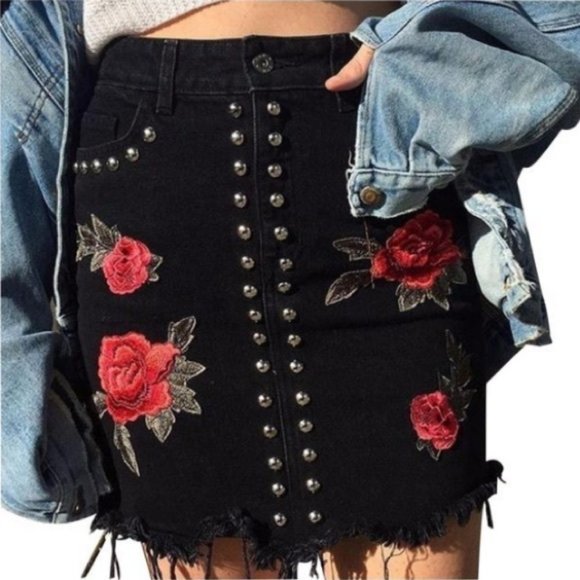Carmar Dresses & Skirts - HIGH WAISTED BLACK DENIM MINI SKIRT ROSES STUDS